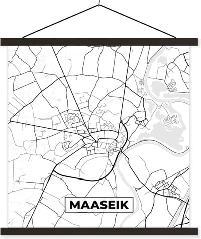 Posterhanger incl. Poster 60x60 cm - Schoolplaat - Stadskaart – Plattegrond – België – Zwart Wit – Maaseik – Kaart - Textielposter - Zwarte latten - Stadskaart
