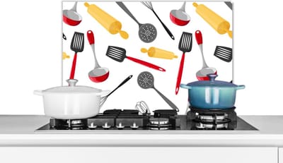 Spatscherm keuken 60x40 cm - Kookplaat achterwand Patronen - Keukengerei - Spatel - Deegroller - Muurbeschermer - Spatwand fornuis - Hoogwaardig aluminium