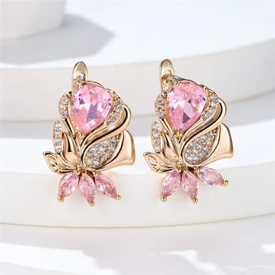 Schattige Blad Bloem Hoop Oorbel Elegante Roze Kristal Steen Oorbellen Voor Vrouwen Champagne Goud Kleur Bruiloft Sieraden Cadeau beige