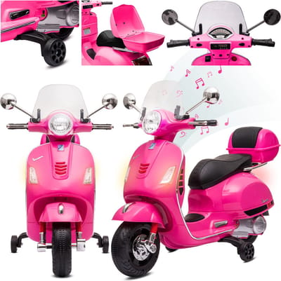 Vespa Elektrische Kinderscooter, kindermotorfiets met plastic wielen en stoel, kofferbak, MP3-speler, USD MicroSD AUX-aansluiting (Fuchsia)
