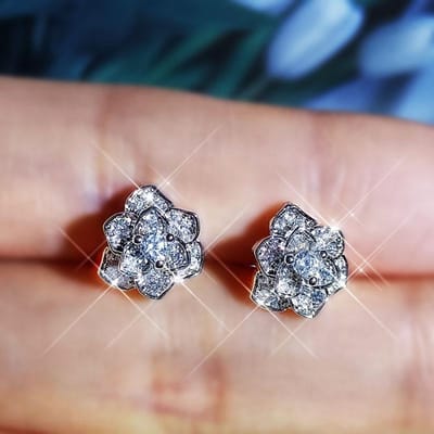 Nieuwe S Zilveren Sieradensets voor Dames Zirkonia Bloem Ketting Hanger Ring Oorknopjes 3-delige Set zilveren set gray