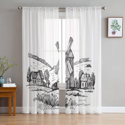 Doodle Illustratie Van Een Molen Tule Gordijnen Voor Woonkamer Transparant Gordijn Slaapkamer Sluier Organza Decoratieve Raambekleding 135W x 114H(cm) white