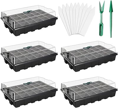 Famanu Zaaibak, 5-delig, 24 cellen, zaaiplaten, kunststof, verspreidingsbak met deksel voor tuin, balkon, groenten, fruit, planten