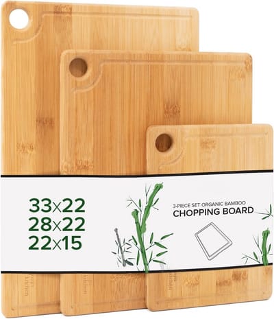 PromoHome Bamboe Snijplanken Set van 3 - Heavy-duty Houten Snijblokken met Sapgroef en Ophanggat - 20x15 cm, 28x22 cm, 33x22 cm - Antibacterieel Keukengerei