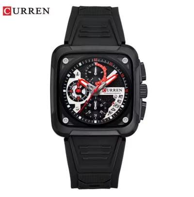 CURREN Horloge 8461 - Full Black – Heren - Quartz - Vierkante Kast - Siliconen Band - Chronograaf - Kalender - Waterbestendig Sporthorloge