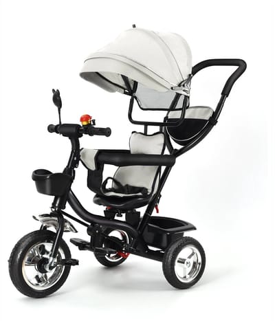 Driewieler - Driewieler met Duwstang - Grijs - Driewieler Fiets - Babyfiets met Duwstang - Baby Speelgoed - Speelgoed - Fiets - Fiets met Stang
