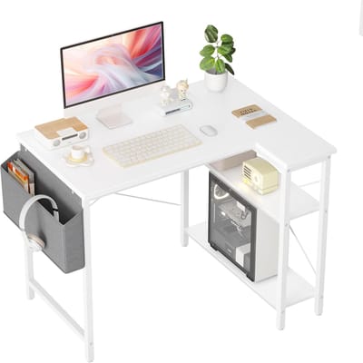 SnelShoppen - L-vormig bureau 100x70 cm gamingtafel met opbergvakken, omkeerbare pc-hoektafel, computertafel voor studie, werk, thuis, slaapkamer, wit