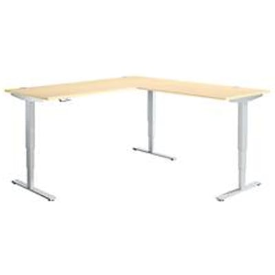 AERO FLEX hoekbureau, elektrisch in hoogte verstelbaar, hoek 90°, T-poot, B 2000 x D 2000 mm, ahorn/blank aluminium + memorypaneel