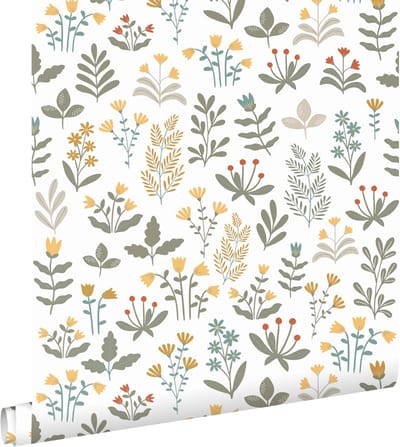 ESTAhome behang veldbloemen donkergroen en geel - 50 x 900 cm - 131095