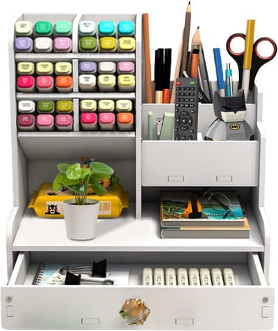 Bureau-organizer van kunststof plaat, doe-het-zelf pennenhouder, bureau, grote capaciteit, bureau-organizer, pennenbox, bureauorganizer met lade, voor thuis, kantoor en school (PB17)