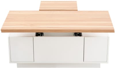 Moderne salontafel met dubbel hefmechanisme, verborgen opbergruimte – draagvermogen tot 50 kg, wit+ houtkleur