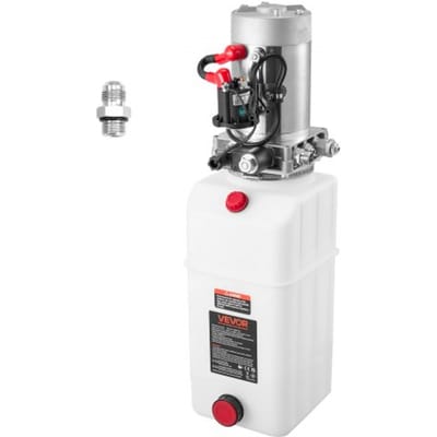 VEVOR 6 Qt hydraulische krachtbron, dubbelwerkende kipperaanhangerpomp, maximale openingsdruk 22 MPa en debiet 3,4 l/min, 12 V DC hydraulische pomp met metalen reservoir voor kipperaanhangers, wit