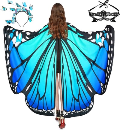 Vrouwelijk Vlinder Kostuum met Hoofdband, Gezichtsbedekking en Cape voor Carnaval en Feestjes met Strass Print en Sierlijke Vleugels