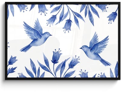 Poster in lijst - Fotolijst 120x80 cm - Posters - Modern - Vogels - Delfts - Blauw - Posterlijst zwart - Decoratie - Wanddecoratie woonkamer - Muurdecoratie slaapkamer