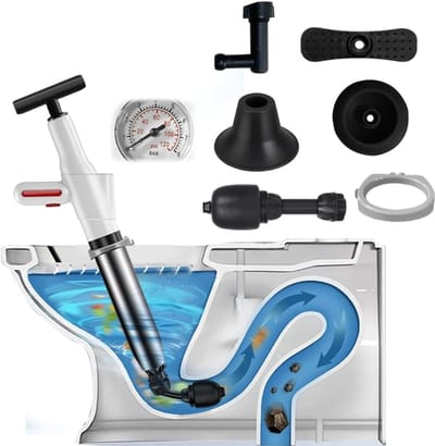 High Pressure Drain Cleaner Set - Hoge Druk Afvoer Cleaner - Pomp met Lucht Drukweergave - Samengeperste Lucht Pomp met 4 Accessoires - Universele Buizenreiniger voor Toilet - Wastafel en Douche