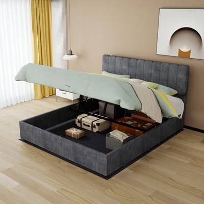 MIVRAY Gestoffeerd Bed 160x200 cm - Tweepersoons Opbergbed Met Gaslift En Zacht Hoofdbord - Zonder Matras - Stof En Metaal - Grijs