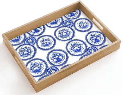 Dienblad hout 40x30 cm - Schootdienblad - Cirkels - Bloemen - Blauw - Borrelplank rechthoek - Plateau dienbladen