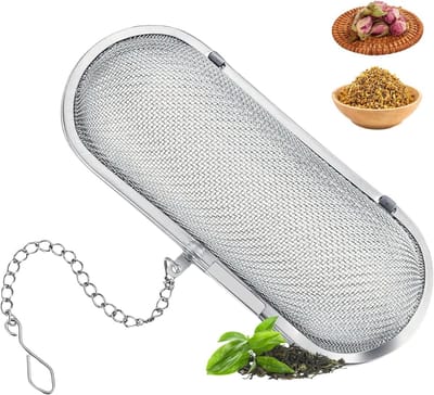 Roestvrij Stalen Kruidenzeef 304 - Herbruikbare Théézeef met Ketting voor Kruiden en Thee - Ovale Zeef 110 x 45 x 45 mm