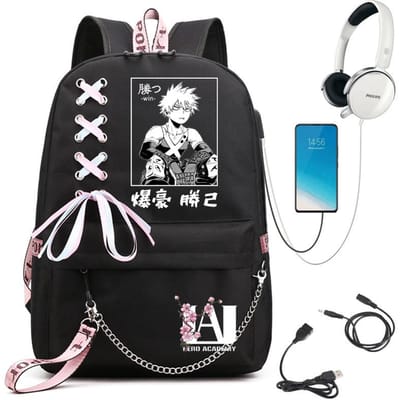 My Hero Academia Anime Sac à Dos pour Femmes Port USB Sac à Dos de Voyage pour Dames Sac à Bandoulière Katsuki Bakugo Anime Tendance Sac à Dos pour Ordinateur Portable