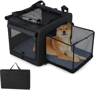 COSTWAY Hondenbox, opvouwbaar, transportbox voor hond met 2 openingen, raam, gaasmand, handgrepen en tas, hondentas, draagbaar, voor middelgrote en grote huisdieren, metalen frame, zwart (80 x 60 x 42