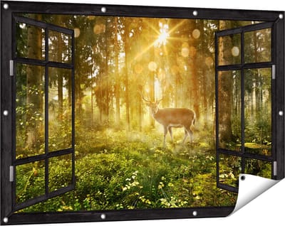 Gards Tuinposter Doorkijk Hert in Bos met Zon - 120x80 cm - Tuindoek - Tuindecoratie - Wanddecoratie buiten - Tuinschilderij