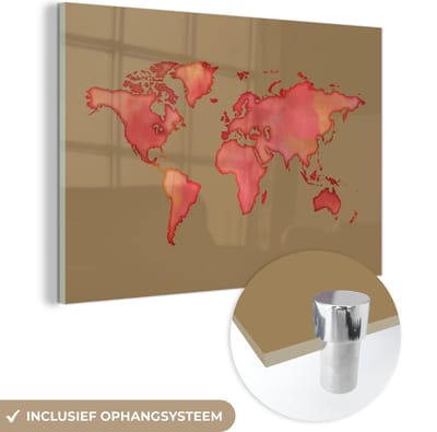 ® Glasschilderij 120x80 cm - Schilderij acrylglas - Wereldkaart - Rood - Waterverf - Foto op glas - Muurdecoratie woonkamer - Wanddecoratie slaapkamer - Schilderijen