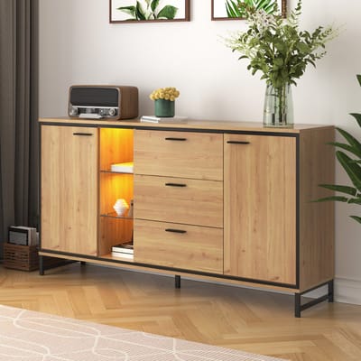 Sweiko Sideboard met 3 lades, met 2 deuren. Prachtig graan. Modern Dressoir in houtkleur met opbergvakken – Stijlvol en functioneel Woonmeubilair. Zwart en houtkleur