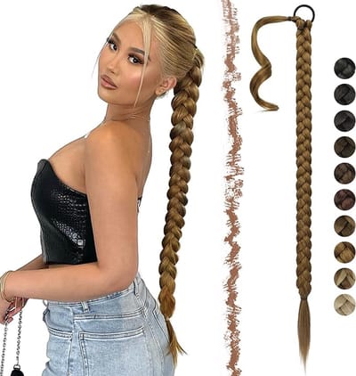 Paardenstaart Extensions met Haarelastiek, 75 cm Lange Ponytail Extensions Gevlochten Balayage Haarstukje Synthetische Paardenstaarten Extensie voor Vrouwen, Lichtbruin Mix Natuurlijk Blond