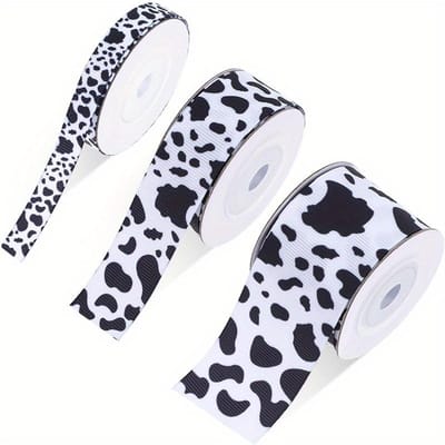 3 Rollen Bedrukt Koeienvlekkenpatroon Lint 15 Yards Zwart en Wit Dierenprintlint voor DIY Knutselen Cadeauverpakking Bruiloftsfeest Decoratie 3 Rolls white