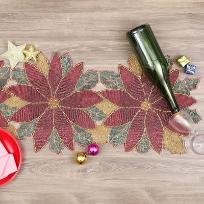 tafelloper 36", Glitz Tafelloper, Decoratieve Boerderij Tafelloper, Rustieke Bruids Douche Kralen Tafelloper, Kerst Tafelloper, Poinsettia Design-13x36 Inch (31x91 CM) -Maroon Multi