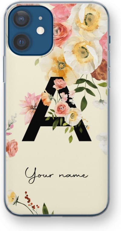 Gepersonaliseerd - Case Company® - Hoesje geschikt voor iPhone 12 mini hoesje - Flirty Flowers Monogram - Soft Cover Telefoonhoesje - Bescherming aan alle Kanten en Schermrand