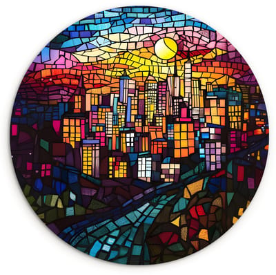 WallCircle® Wandcirkel 120x120 cm - Muurcirkel Stad - Maan - Mozaïek - Kleurrijk - Muurdecoratie woonkamer - Wanddecoratie slaapkamer - Kamer decoratie accessoires - Ronde schilderijen XXL