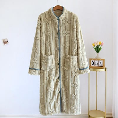 Herfst en Winter Nieuwe Dames Nachthemd Flanel Zoet en Schattig Badjas Dames Nachtkleding Opstaande Kraag Knoop Huisjurk L groen