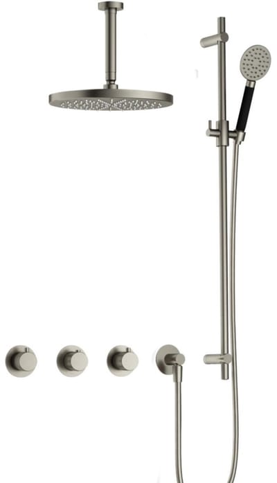 Hotbath Cobber X - CX7067 - Inbouw Regendoucheset - Geborsteld Nikkel - 2 Stopkranen - Thermostatisch - Plafondbuis 15 cm - Hoofddouche 300 mm - Ronde Handdouche 3 Standen - Glijstang 900 mm - met M106 - Waterbesparend