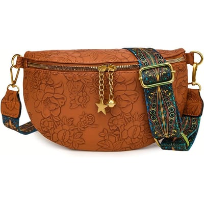 Stijlvolle damesheuptas, perfect voor casual en sportieve gelegenheden. Multifunctionele, bohemian schouderband met kleurblokken. Ruim crossbody-model met dubbelzijdige ritssluiting. bruin