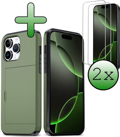 Hoes Geschikt voor iPhone 16 Pro Hoesje Hard Case Met Pas Houder Met 2x Screenprotector - Hoesje Geschikt voor iPhone 16 Pro Hoes Shockproof Hard Cover Met Kaarthouder - Donkergroen