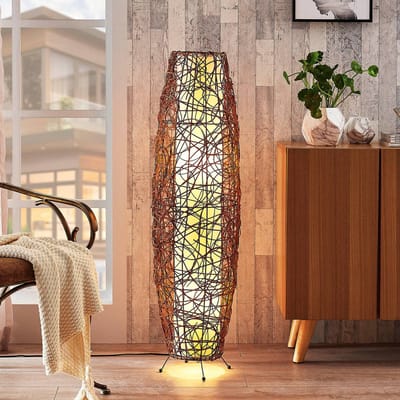 Lindby - vloerlamp - 2lichts - Rotan, stof, metaal - H: 111 cm - E14 - bruin, wit