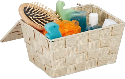 opbergmand met deksel - kunststof - badkamer - 1,8 l - 10,5x19,5x14,5 cm - beige