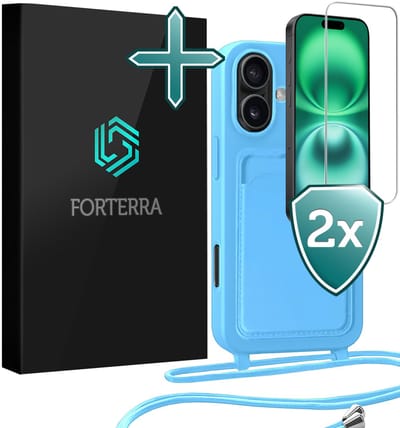Hoesje Geschikt voor iPhone 16 Plus Pashouder Case Siliconen Hoes Met Koord Met 2x Screenprotector - Hoes Geschikt voor iPhone 16 Plus Met Telefoonkoord Hoesje Back Cover Met Pasjeshouder - Lichtblauw