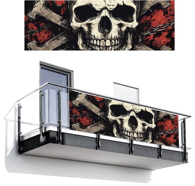 Balkonscherm 300x100 cm - Balkonposter Schedel - Kettingen - Rood - Balkon scherm decoratie - Balkonschermen - Balkondoek zonnescherm