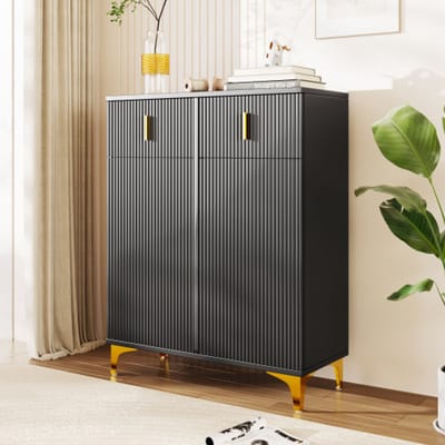 Sideboard / Opbergkast / Schoenenkast Zwart – Structuurpanelen, Verstelbare Planken, Goudkleurige Details & Lade – 83×35×101 cm