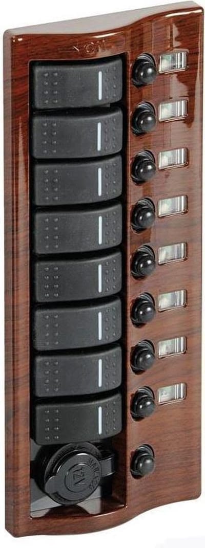 Marina 12V 8-voudig mahonie Schakelpaneel met LEDs en Stopcontact