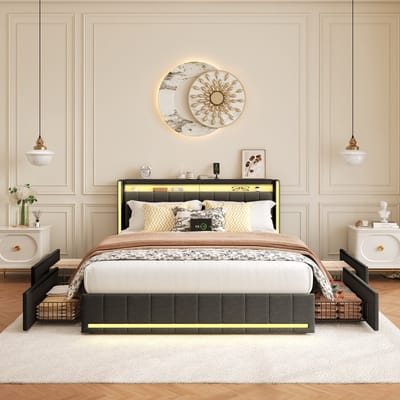 140x200 cm Gestoffeerd Bedframe met LED-verlichting en Opberglades – Hoofdbord met USB & USB-C – Met Lattenbodem – Grijs