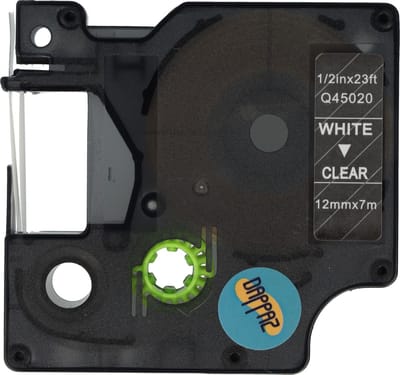 Dappaz - Dymo Plastic Labels 45020 Compatible Tape - Wit op Transparant - Geschikt voor Dymo LabelManager - 12 mm x 7 m - S0720600 Label Tape - 1 stuks