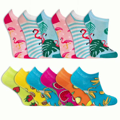 Voordeelbundel | 12 paar Damessneakersokken | Fruit en flamingo thema | kleurrijk | hoogwaardig katoen