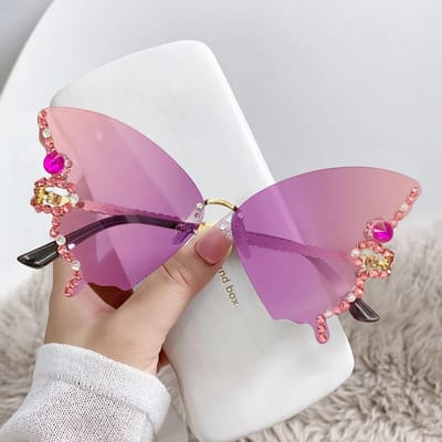 Randloze Oversized Zonnebril Shine Y2k Vintage Mode Diamant Vlinder Zonnebril Dames Dames Brillen Gafas De Sol