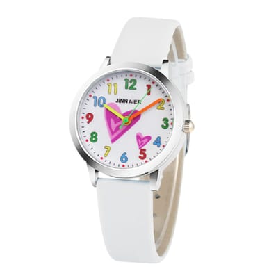 12Getit Meisjes horloge met hartjesafbeelding en wit leer bandje