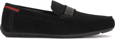 Black suede moccasins embellished with logo ribbon