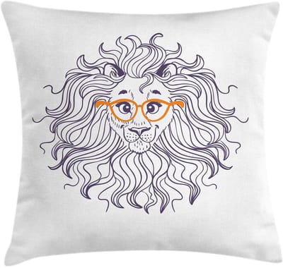 ABAKUHAUS Kussenhoes – Cartoon-Leeuw Bril – 60×60 cm – Aubergine/Oranje – Dubbelzijdig bedrukt