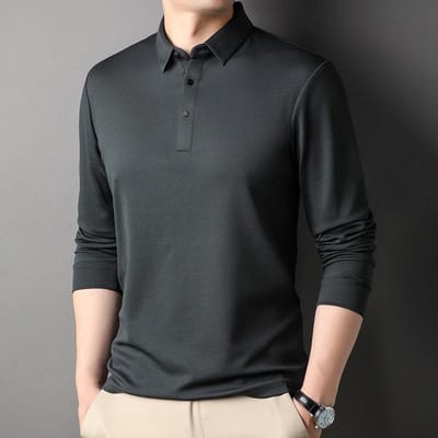 Ijszijde T-shirt met lange mouwen voor heren van middelbare leeftijd Herfst Nieuw Ananaspatroon Revers Poloshirt Modieuze Eenvoudige Top XXXL gray
